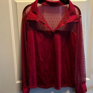 Sheer Yoke Long Sleeve Blouse in Wine Red